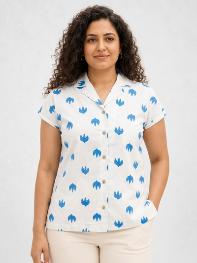 Blue and White Leaf Trio Notch Collar Shirt