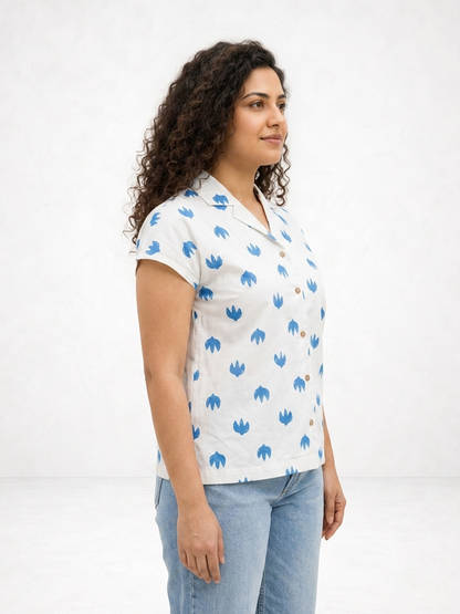 Blue and White Leaf Trio Notch Collar Shirt