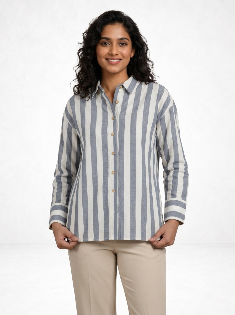 Off White and Blue Striped Timeless Style Shirt