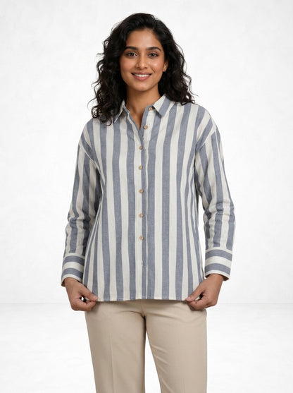 Off White and Blue Striped Timeless Style Shirt