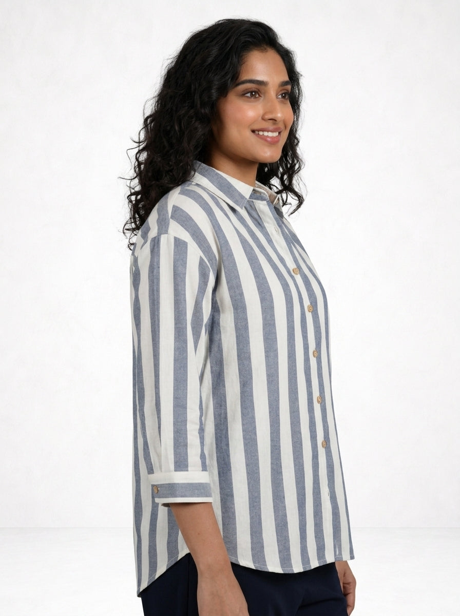 Off White and Blue Striped Timeless Style Shirt
