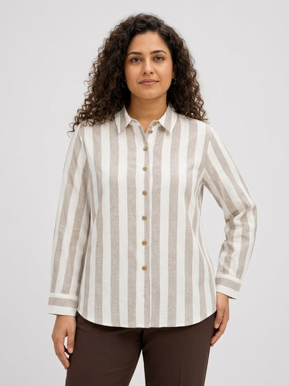 Off White and Beige Striped Timeless Style Shirt
