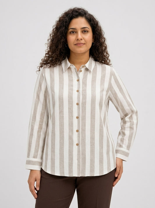 Off White and Beige Striped Timeless Style Shirt
