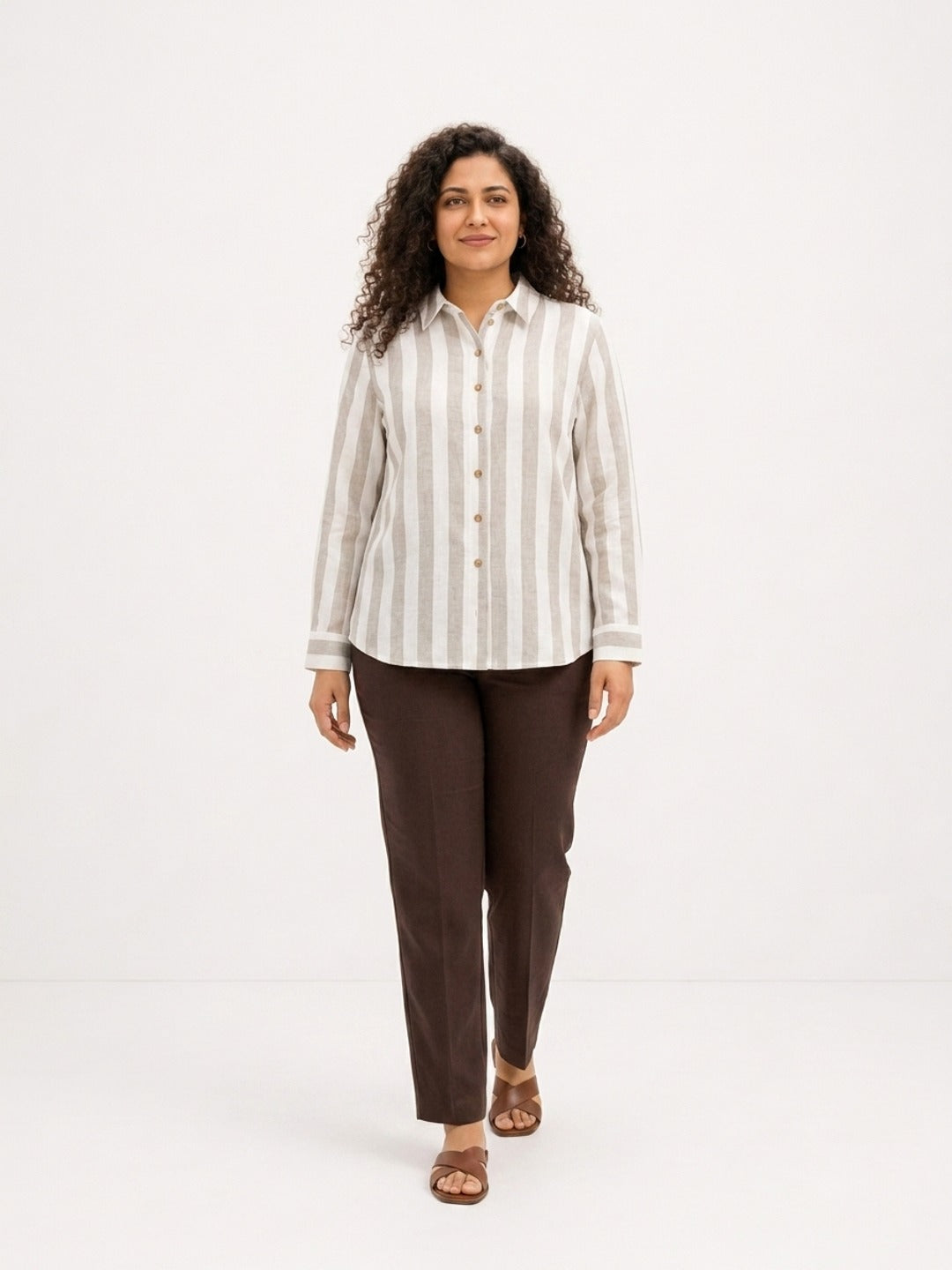 Off White and Beige Striped Timeless Style Shirt