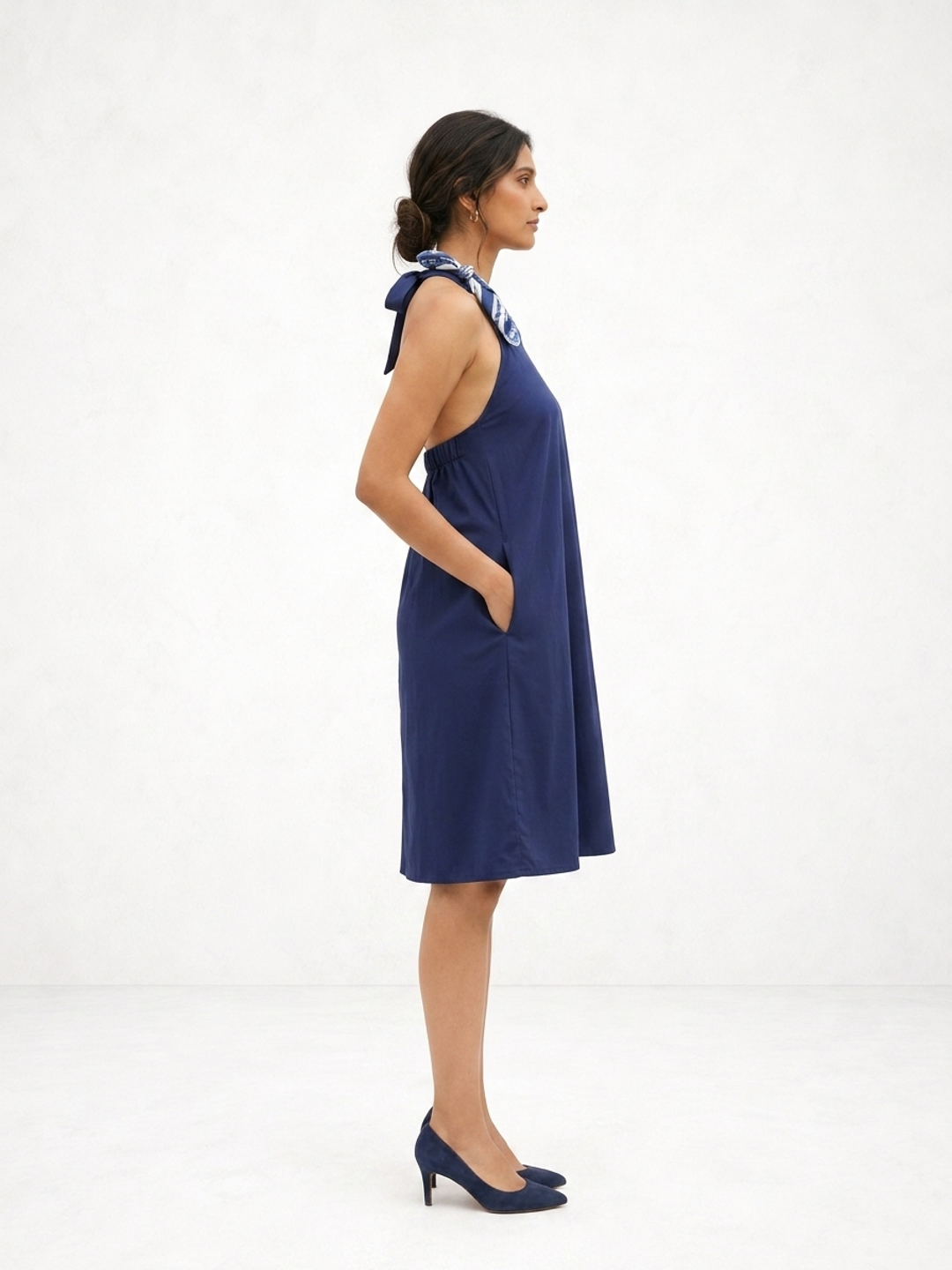 Navy Luxe Halter Dress