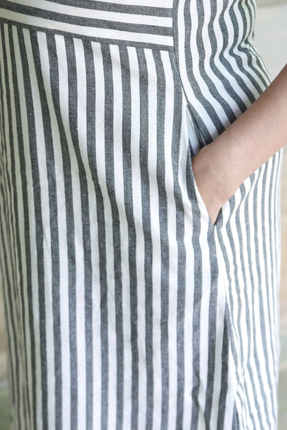 Striped Sleeveless Boat Neck Dress in Off White and Black