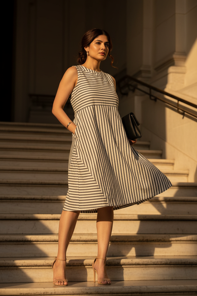 Striped Sleeveless Boat Neck Dress in Off White and Black