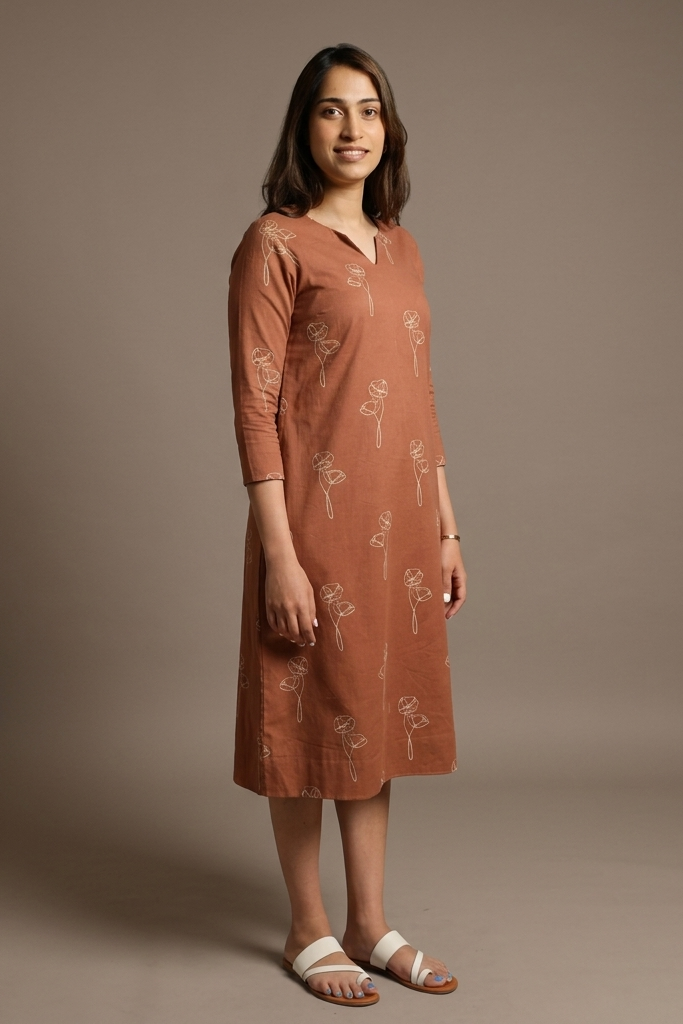 Brown Printed Pure Cotton Midi Dress