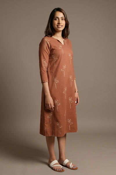 Brown Printed Pure Cotton Midi Dress