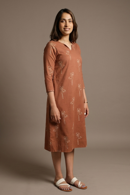 Brown Printed Pure Cotton Midi Dress