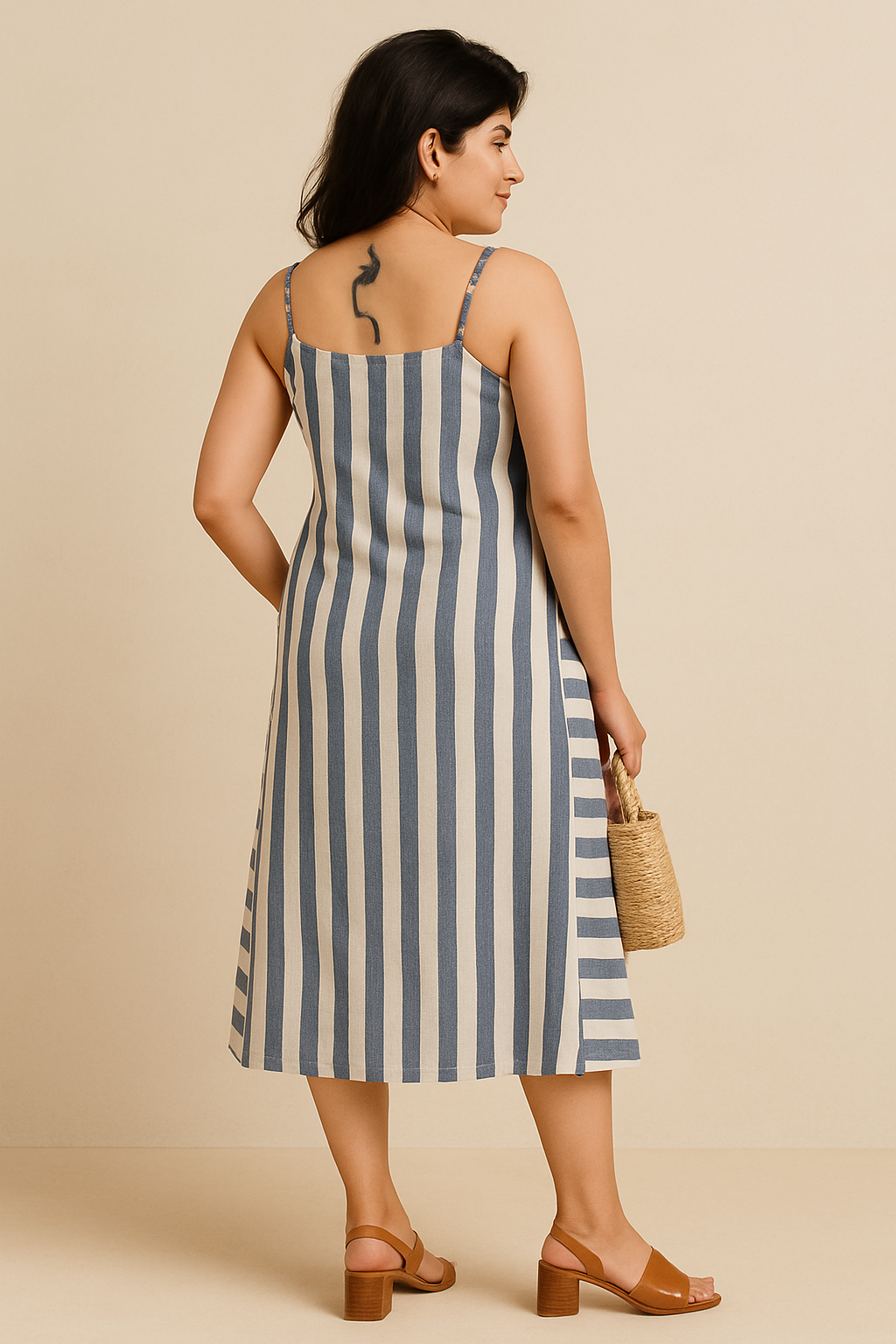 Off White and Indigo Striped Godet Dress