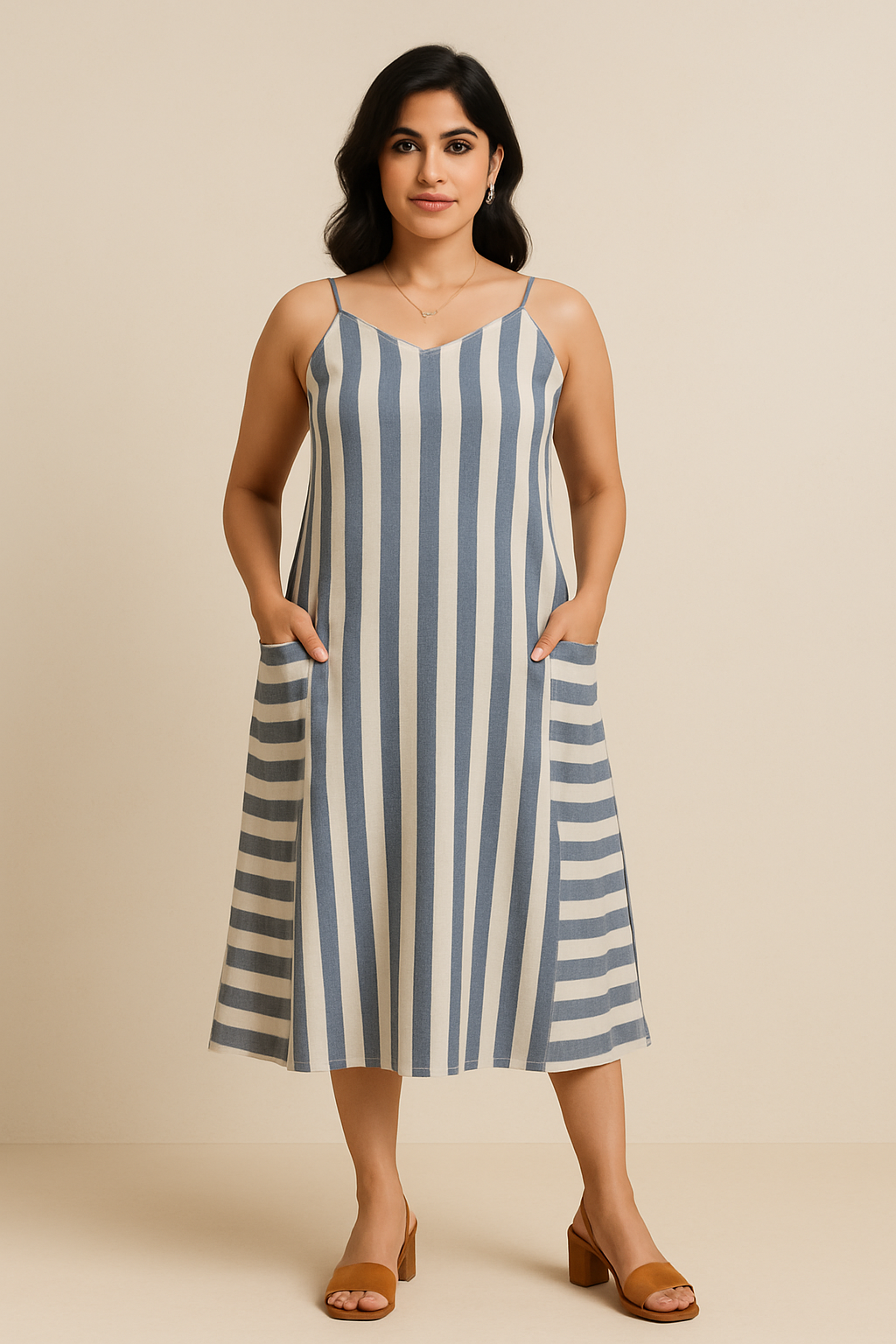 Off White and Indigo Striped Godet Dress