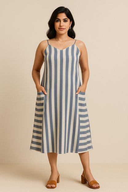Off White and Indigo Striped Godet Dress