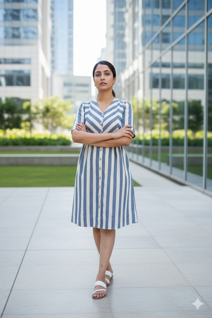 Zigzagged Striped V Neck Off White and Indigo Dress