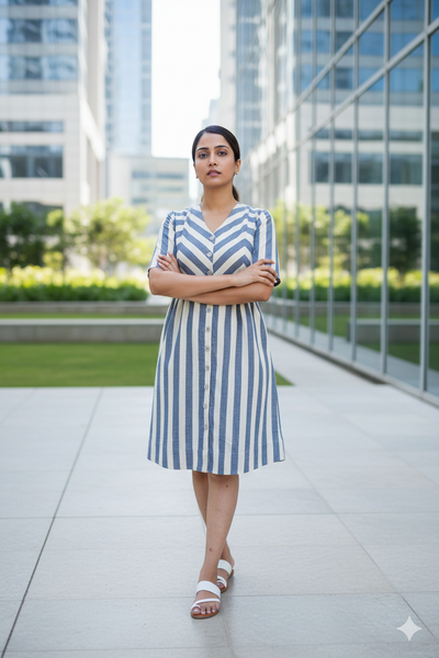 Zigzagged Striped V Neck Off White and Indigo Dress