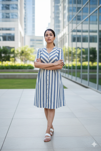 Zigzagged Striped V Neck Off White and Indigo Dress