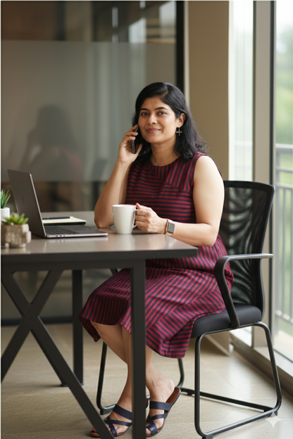 Striped Sleeveless Boat Neck Dress in Navy Blue and Viva Magenta