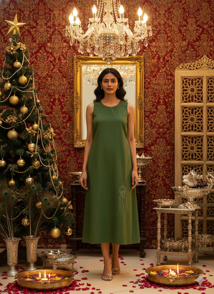 Green Sleeveless Maxi Dress with Jelly Fish Embroidery