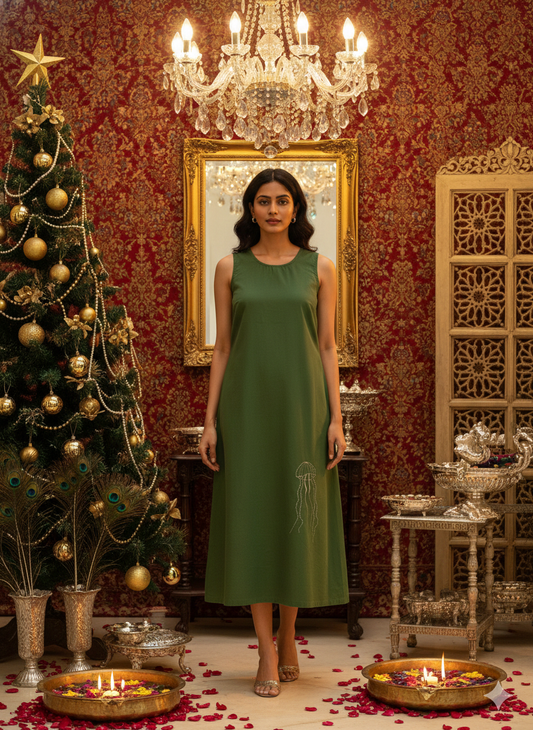 Green Sleeveless Maxi Dress with Jelly Fish Embroidery