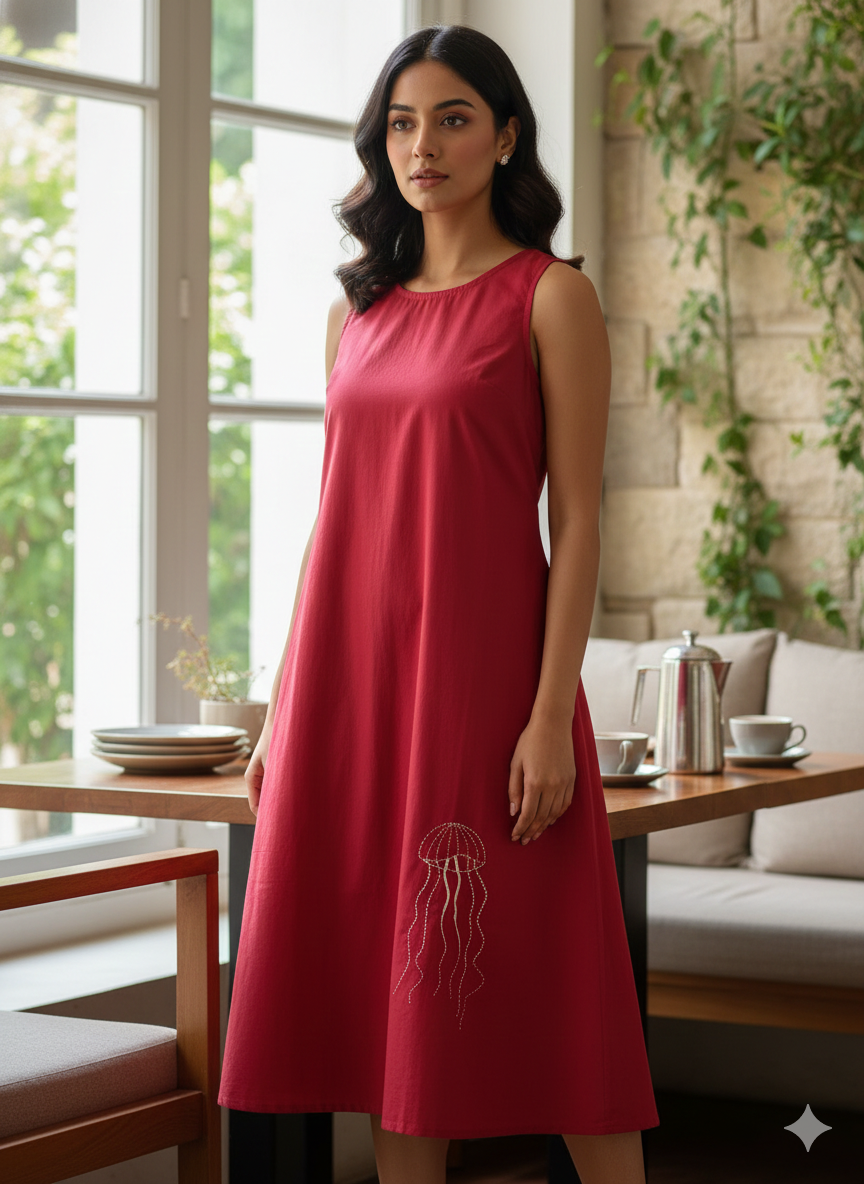 Red Sleeveless Maxi Dress with Jelly Fish Embroidery