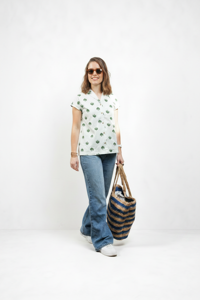 Green and White Leaf Trio Notch Collar Shirt