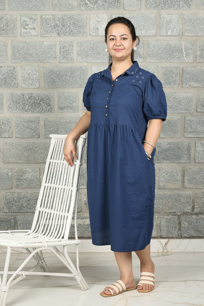 Collared Fine Cotton Navy Blue Dress with Embroidery