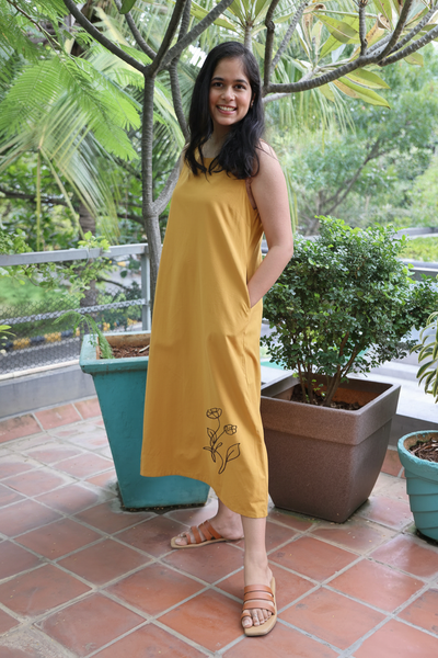 Ochre Yellow Sleeveless Maxi Dress with Embroidery