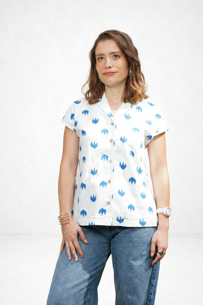 Blue and White Leaf Trio Notch Collar Shirt