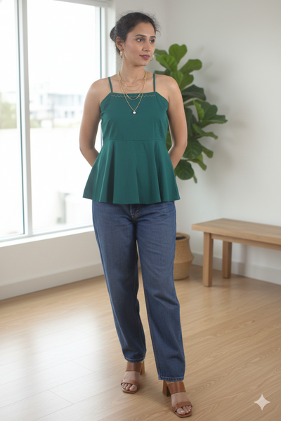 Myrtle Green Peplum Top with Embroidery