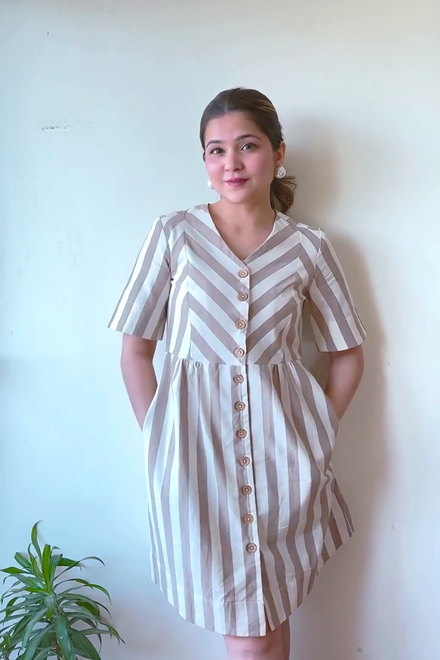 Zigzagged Striped V Neck Off White and Light Brown Dress
