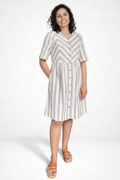 Zigzagged Striped V Neck Off White and Light Brown Dress
