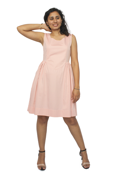 Wide Round Neck Sleeveless Fit and Flare Pink Cotton Satin Dress with Pockets