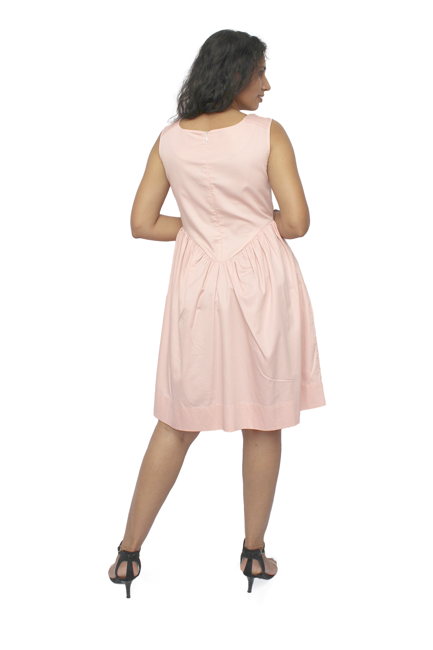 Wide Round Neck Sleeveless Fit and Flare Pink Cotton Satin Dress with Pockets