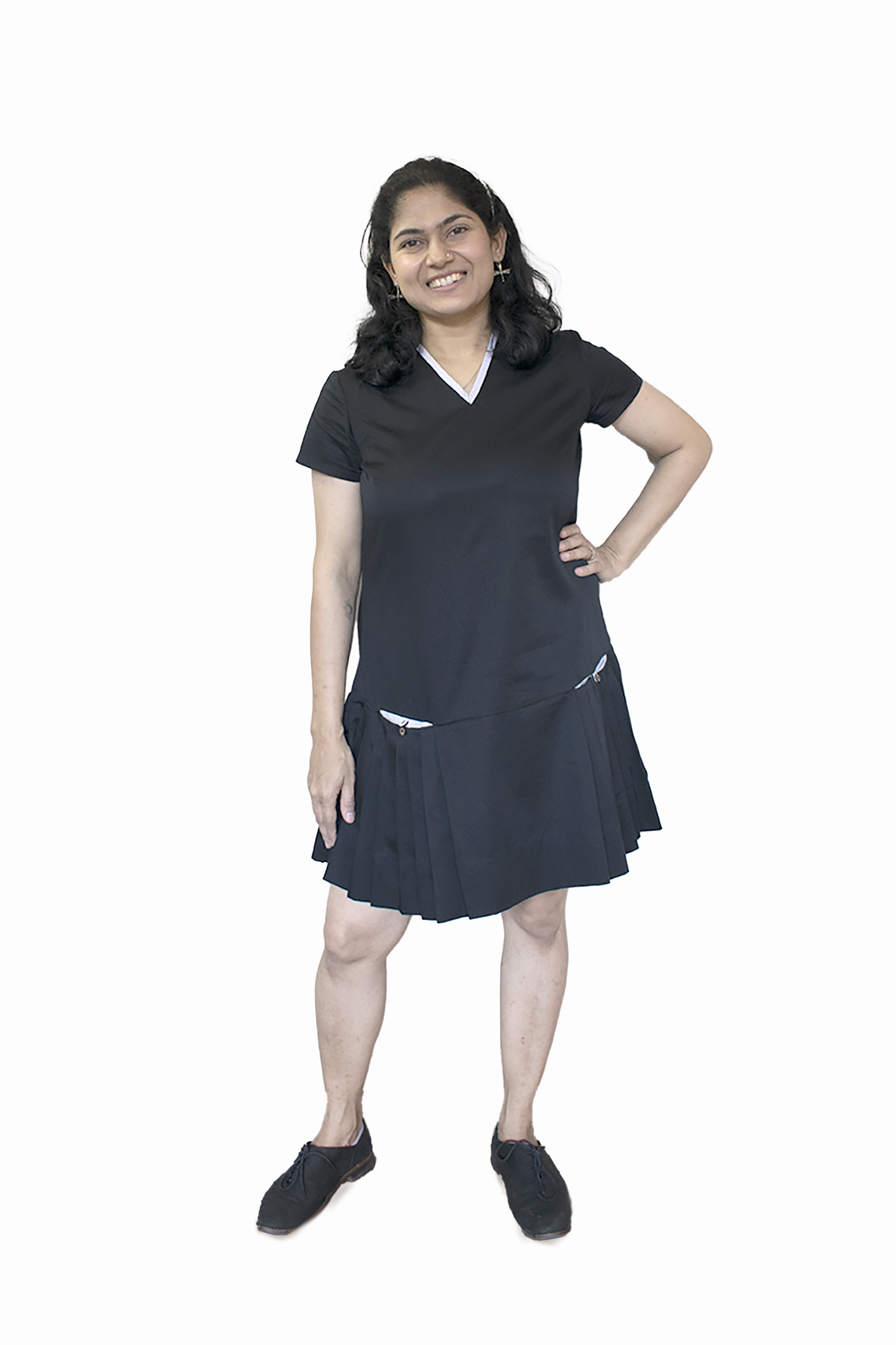 Pleated Black and Grey Cotton Dress